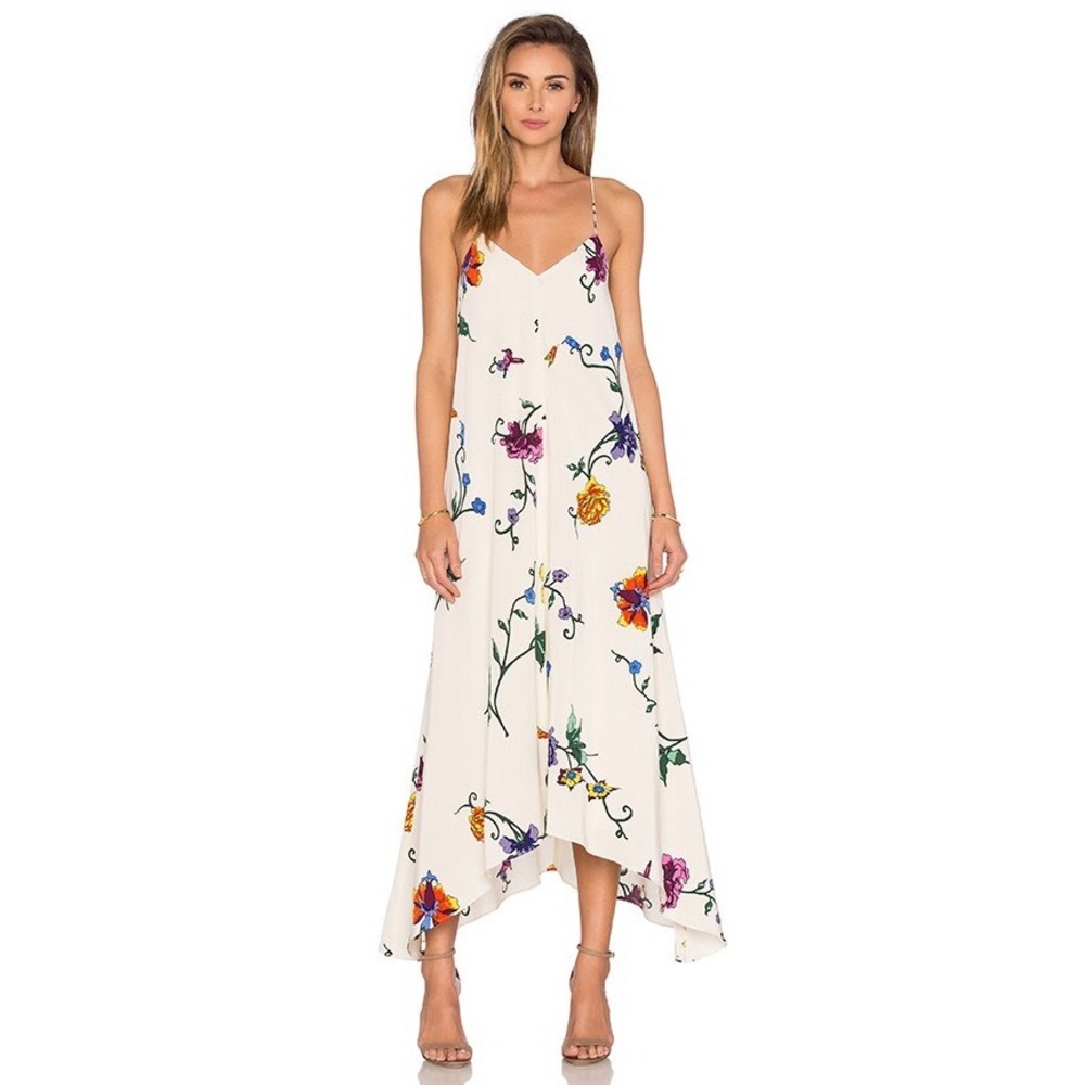 Tibi Strappy Handkerchief Floral Silk Maxi Dress Opal Beige Multi Size 0